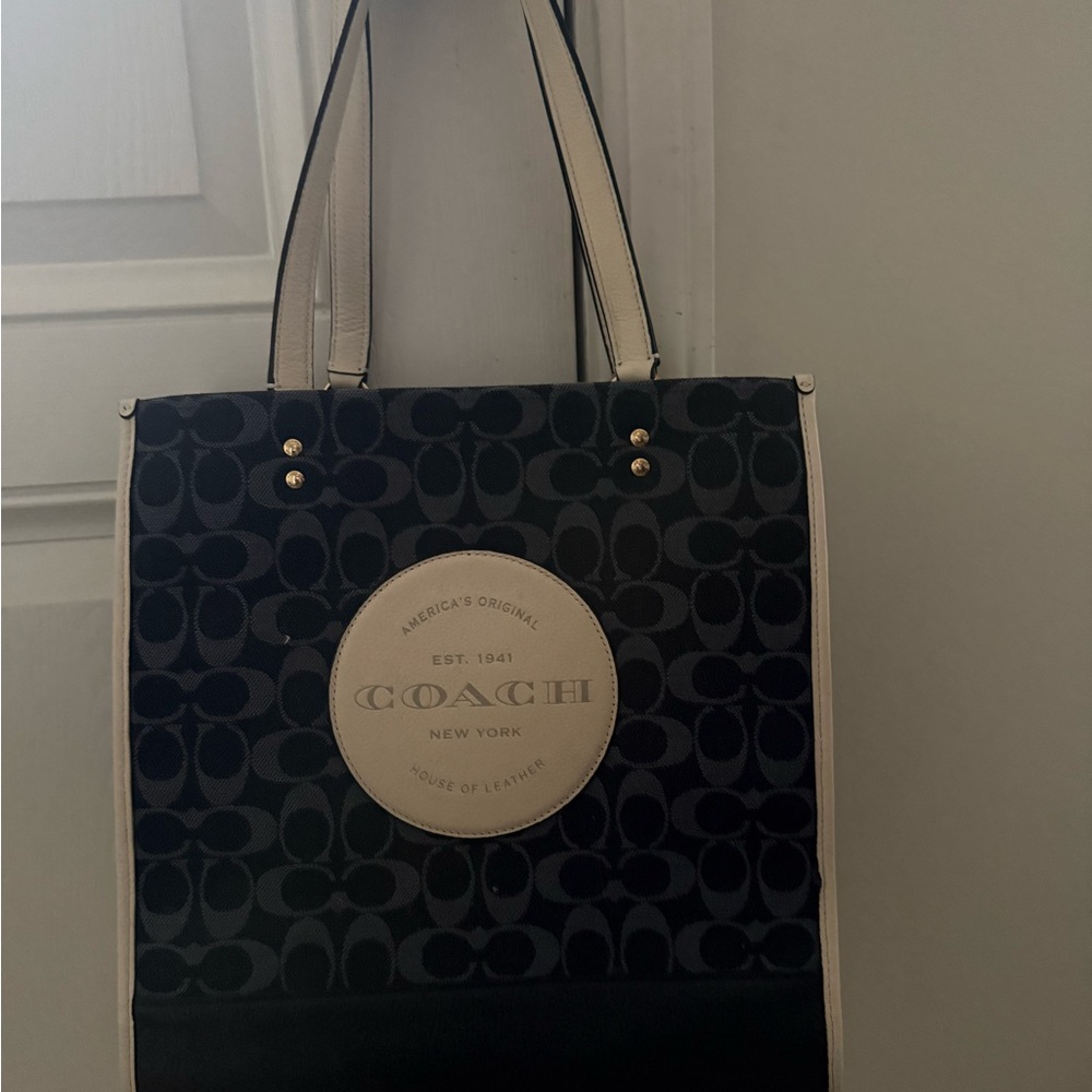 Coach dark blue denim Signature Tote with Cream Trim and Round Logo Patch